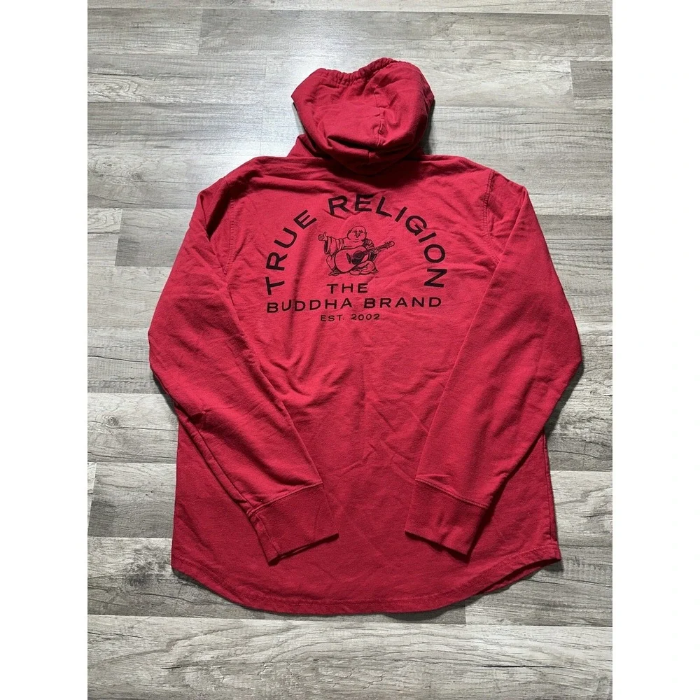 True Religion Mens‎ Size L Long Sleeve Hooded Pullover Shirt Red Lightweight